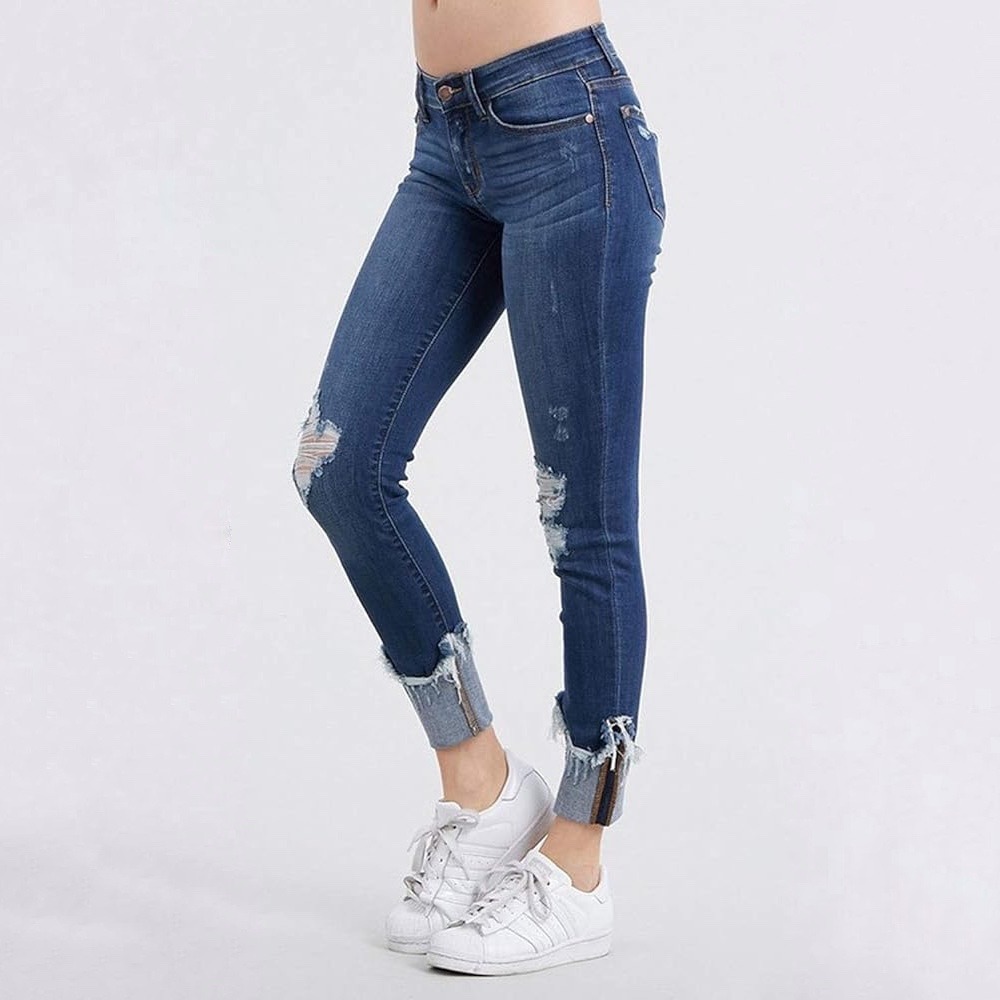 Judy Blue Mid Rise Skinny Distressed Dark Wash Jeans Cuffed Hem Size 3/26 NWT